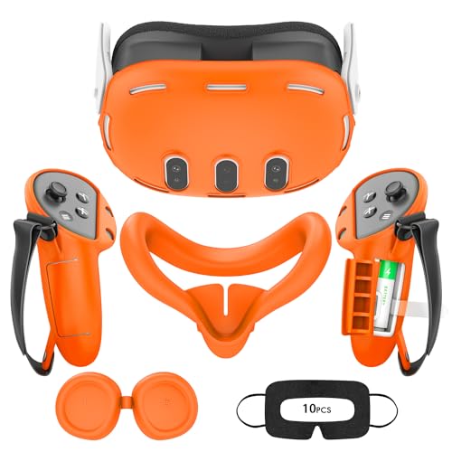 Tyasoleil VR Silicone Case for Meta Quest 3, Design Upgraded Accessories for Oculus Quest 3, Face Cover, Controller Grips, Shell Cover, Lens Cover, Disposable Eye Cover(Orange)