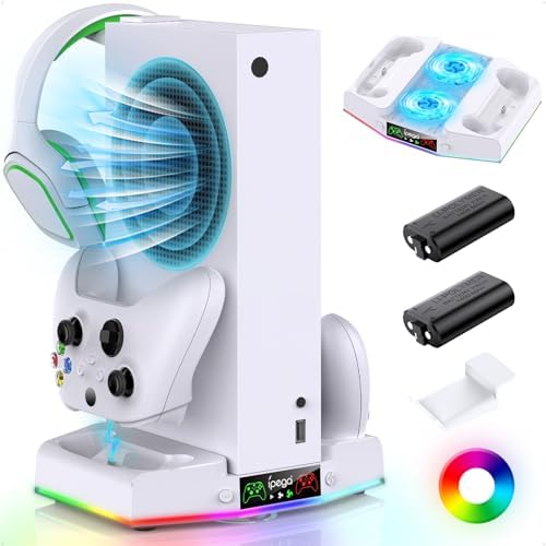 Vertical Charger Stand & Cooling Station for Xbox Series S, Upgrade Controller Charging Dock Accessories with 15 RGB Light, Cooler Fan System, 2X 1400mAh Rechargeable Battery, Headset Holder