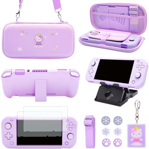Accessories Kit for Nintendo Switch Lite – Cute Accessories Bundle with Carrying Case, Kawaii Cover case, 2-Pack Screen Protector, Adjustable Play Stand, 6 Thumb Grips – Purple