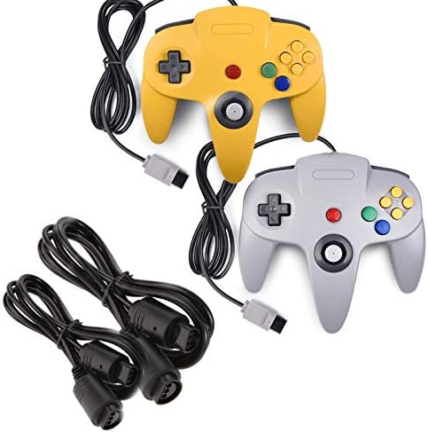 2 Pack Classic N64 Controllers (Yellow/Gray) Bundle with 2 Pack 6FT N64 Controller Extension Cable