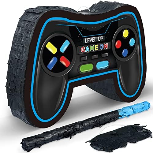 Video Game Controller Pinata Bundle Fiesta Gaming Controller Pinata Set with Blindfold and Bat Kids Birthday Gamer Party Supplies Game Toy for Kids Gaming Theme Party Carnival Events Decor (Blue)