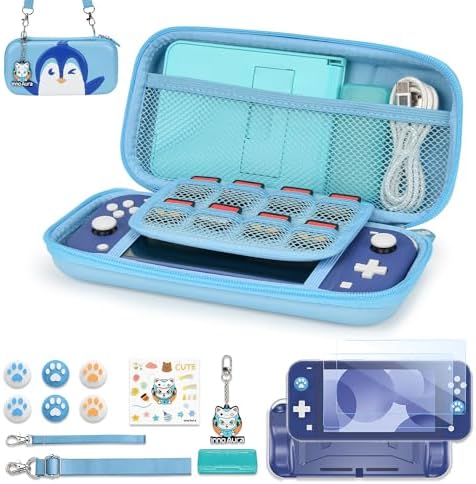 innoAura Switch Lite Case, 15 in 1 Switch Lite Accessories Bundles with Switch Lite Carrying Case, Switch Lite Protective Case, Switch Carry Case, Switch Thumb Caps (Blue Penguins)