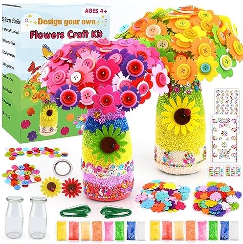 Arts and Crafts for Girls Ages 6-12 Make Your Own Flower Bouquet with Buttons and Felt Flowers, DIY Activity Supplies Vase Art and Craft Kits Birthday Gifts for Girls 6 7 8 9 10 11 12 Year Old