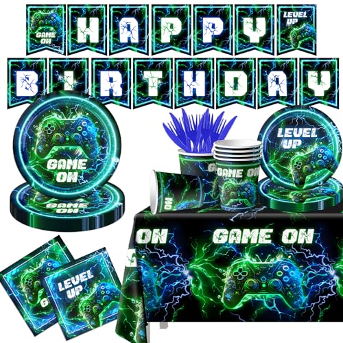 Video Game Birthday Party Supplies,142pcs Neon Video Gaming Plates and Napkins Tableware Set Plastic Tablecloth for Boy Gamer Party Supplies Birthday Decor