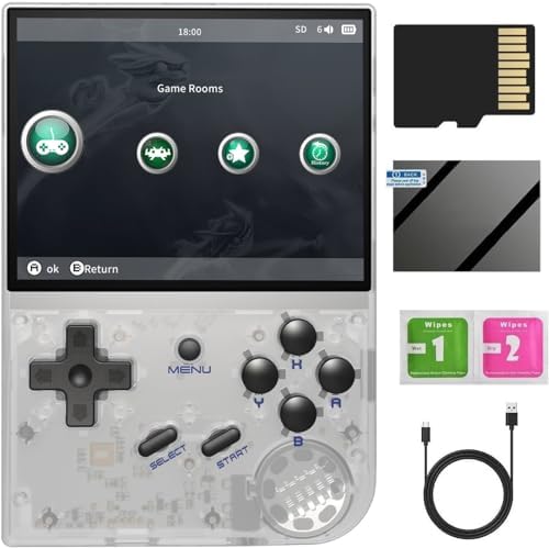 RG35XX Handheld Game Console , Dual System Linux+GarlicOS 3.5 Inch IPS Screen Built-in 64G TF Card 6831 Classic Games Support HDMI TV Output (White)