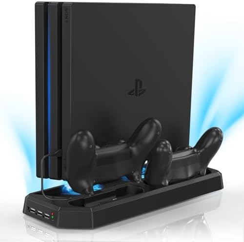Controller Charger Station for PS4/PS4 Slim/PS4 Pro,PS4 Vertical Stand with Dual Controller Charging Dock Station,Dual Cooling Fan and 3 USB Ports(Only for PS4 Pro)