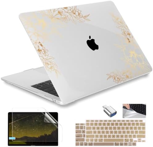 Compatible with MacBook Air 13 inch M1 Case 2022 Model A2337, 2018-2021 A1932 A2179 Plastic Hard Shell Case & Keyboard Cover & Screen Protector & USB C to USB 3.0 Adapter, Gold Florals