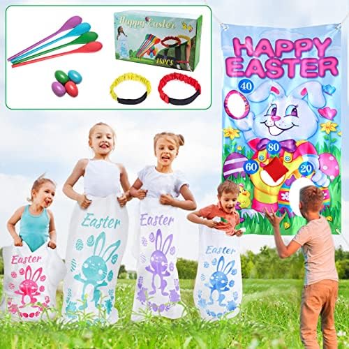 4 Players Easter Outdoor Party Games for Kids and Family – Potato Sack Race Jumping Bags, Legged Relay Race Bands, Egg and Spoon Race and Toss Game – Easter Eggs Hunt, Easter Party Supplies