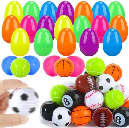 60Pcs Prefilled Easter Eggs with Fidget Spinner Sports Balls for Boys Kids Girls, Easter Basket Stuffers Fillers Eggs for Easter Hunt, Party Favor, Easter Gifts Prizes, 30 Eggs & 30 Spinners