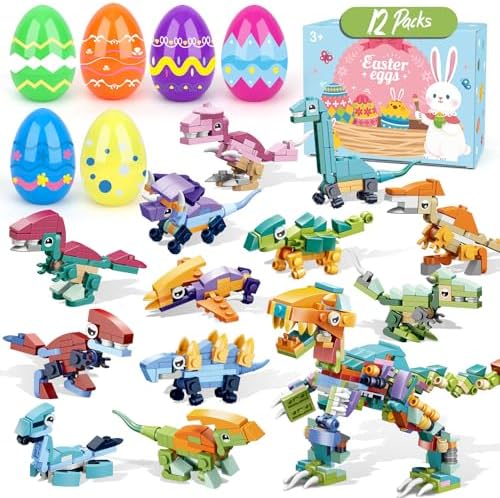 12 Pack Easter Eggs with Toys,Easter Basket Stuffers,Dinosaurs Building Blocks,Prefilled Plastic Easter Eggs Gifts for Boys,Party Favors for Kids Classroom,Toys for 3+ Years Old Boys