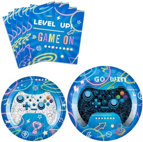 Blue Video Game Party Plates and Napkins – 48 PCS Gamer Theme Party Supplies Boys Gaming Birthday Party Decorations Dinner Dessert Plates Paper Napkins for Family Gaming Night Serves 16 Guests