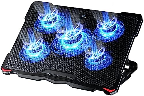 AICHESON Laptop Cooling Pad 5 Fans Up to 17.3 Inch Heavy Notebook Cooler, Blue LED Lights, 2 USB Ports, S035, Blue-5fans