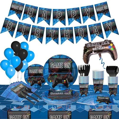 Video Game Party Decorations, Video gamer party supplies – Serves 25 With 203-Pieces Including An X-Large Joystick Controller Balloon, Plates, Cups, Cutlery, Napkins, Balloons, Banner, Tablecloth.