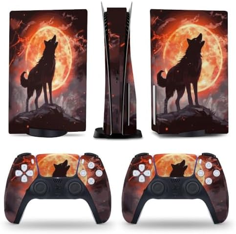 Fire Howling Wolf for PS5 Skin Console and Controller Accessories Cover Skins Anime Vinyl Cover Sticker Full Set for Playstation5 Disc Edition