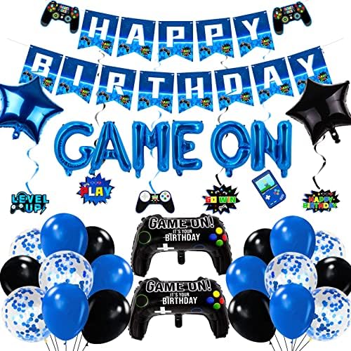 Video Game Birthday Party Decorations Navy Blue Game On Party Supplies Gaming Birthday Decoration Including Happy Birthday Banner,Hanging Swirls, latex balloons and Game Controller Balloons