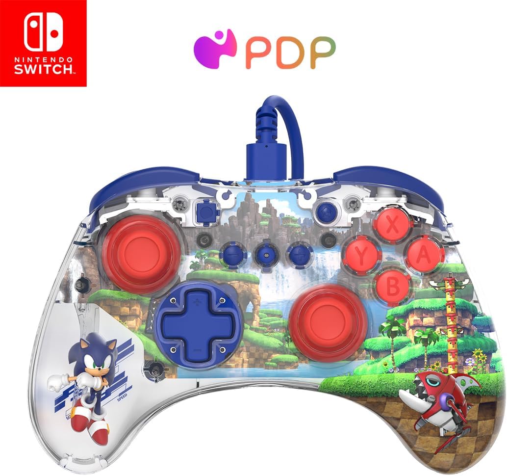 PDP REALMz™ Nintendo Switch Pro Controller, Customizable LED Lighting, 3.5mm Headphone Jack, Officially Licensed by Nintendo and SEGA: Sonic Superstars (Sonic Green Hill Zone)