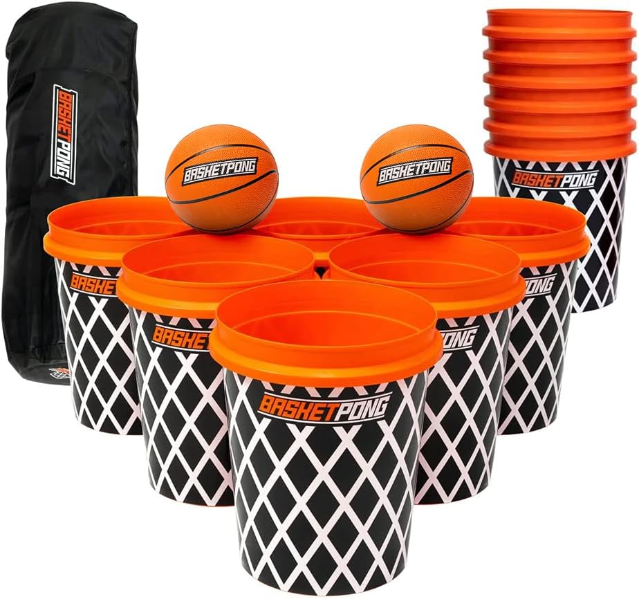 BasketPong® Giant Yard Pong X Basket Ball Game with Durable Balls and Buckets – Outdoor Game for Lawn, Backyard and Beach – Set Includes 12 Buckets, 2 Basket Balls and a Carrying Bag