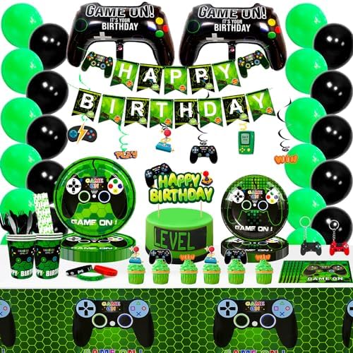 Video Game Birthday Decorations,194pcs Gamer Birthday Decorations&Tableware Set-Video Game Plates Cups Napkins Tablecloth Balloons Banner Swirl etc Green Gamer Gaming Party Supplies