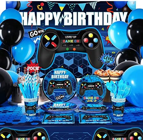 152 Pieces Video Game Birthday Party Supplies Gamer Party Table Cover Happy Birthday Gaming Backdrop Banner Video Game Theme Tableware Sets and Gaming Balloons for Boys Men Birthday Party (Blue)