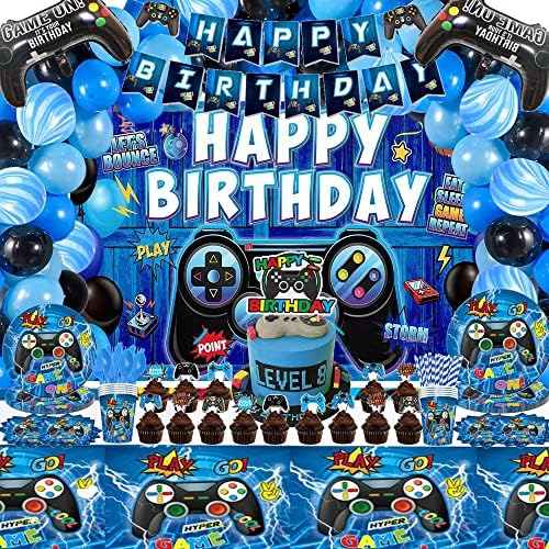 Video Game Party Decorations Video Game Birthday Party Supplies for 20 Guests Include Happy Birthday Banner, Backdrop, Cake Toppers, Balloons, Plates, Cups, Tableware, Napkins, Tablecloth