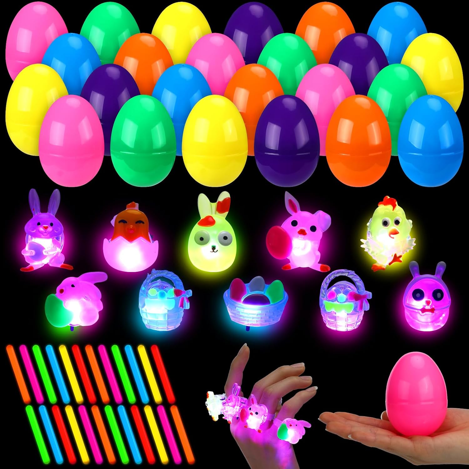 24 Set Glow in the Dark Easter Eggs Prefilled Easter Eggs Include 24 Easter Eggs 24 Mini Glow Sticks 24 Light up Rings Toys Easter Basket Stuffers Gifts for Kids Glow in the Dark Easter Hunt