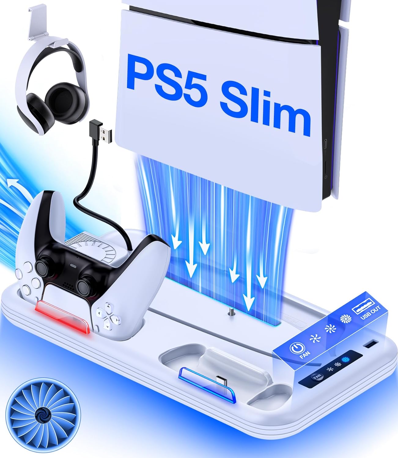 PS5 Slim Stand Cooling Station Compatible with PS5 Slim Console,PS5 Slim Accessories Vertical Cooling Stand Cooler Incl. Dual PS5 Controller Charger, 3 Levels Cooling Fan,RGB Light,Headset Holder