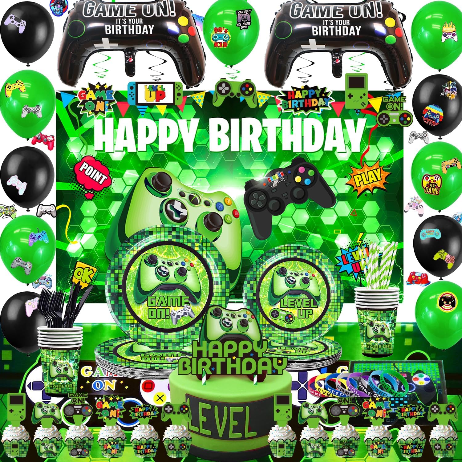 Green Gamer Birthday Party Decoration – 217Pcs Video Game Gaming Party Supplies For Boys Birthday Party – Backdrop, Table Cover, Plates, Cups, Napkins, Utensils, Hanging Swirls, Cupcake Topper, Cake