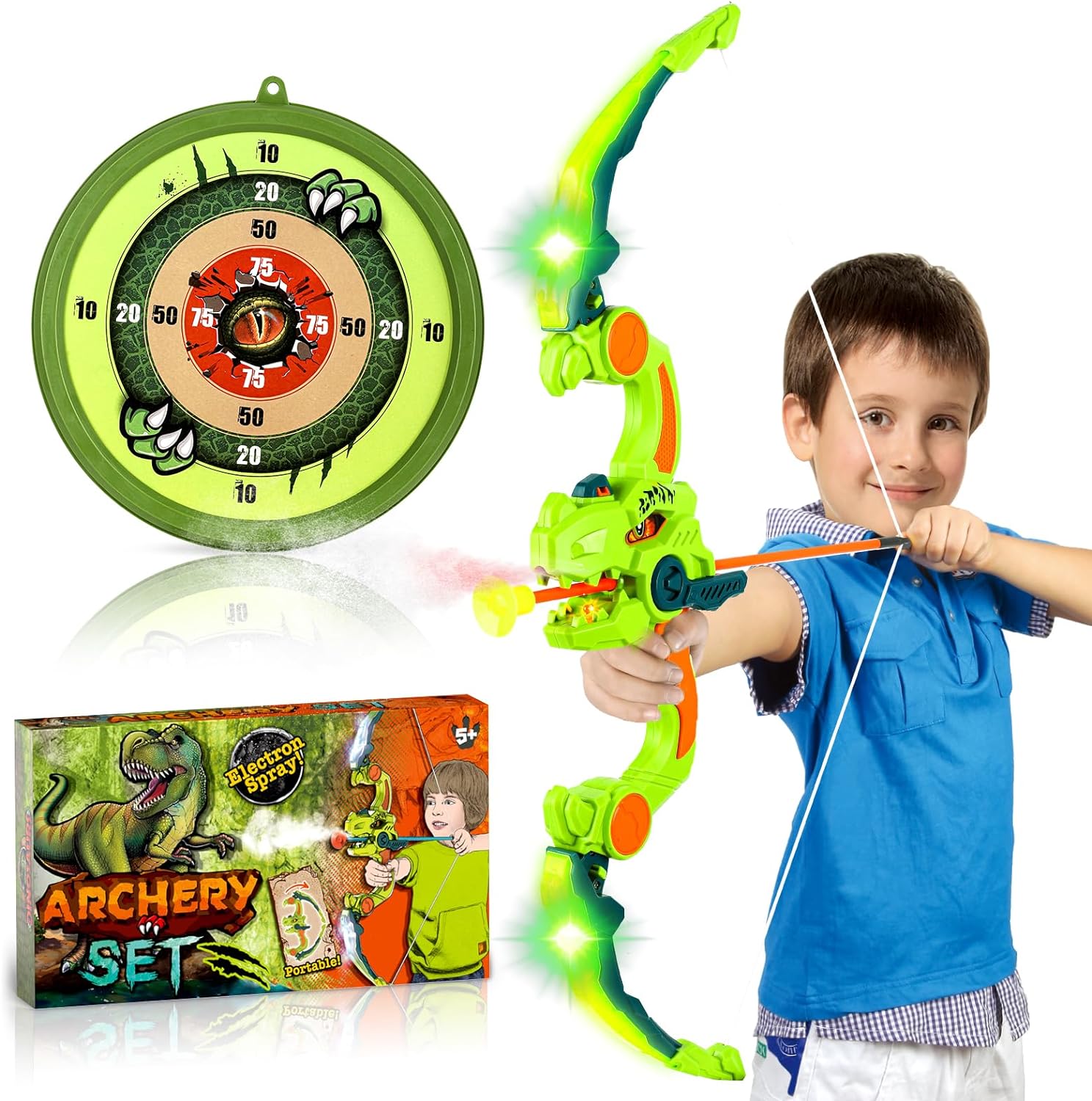 Fuwidvia Dinosaur Bow and Arrow, Kids Bow and Arrow Set with LED Lights & Water Spray, Archery Set with 8 Suction Cup Arrows & Hanging Target, Summer Outdoor Kids Toys for Boys Girls Ages 4-12 Gifts