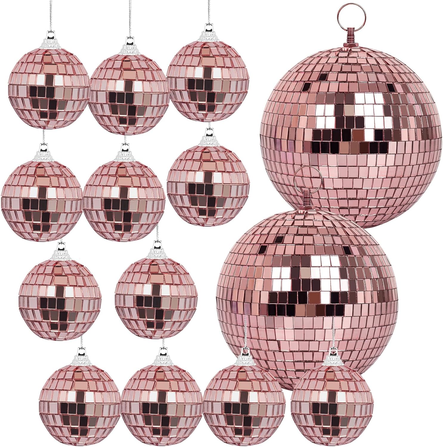 Mirror Balls, MUZTOP 14 Pack Disco Ball Ornaments Hanging Disco Mirror Ball for DJ Stage Club Wedding Holiday Home Party Decor, 6 Inch, 2 Inch (Rose Gold)