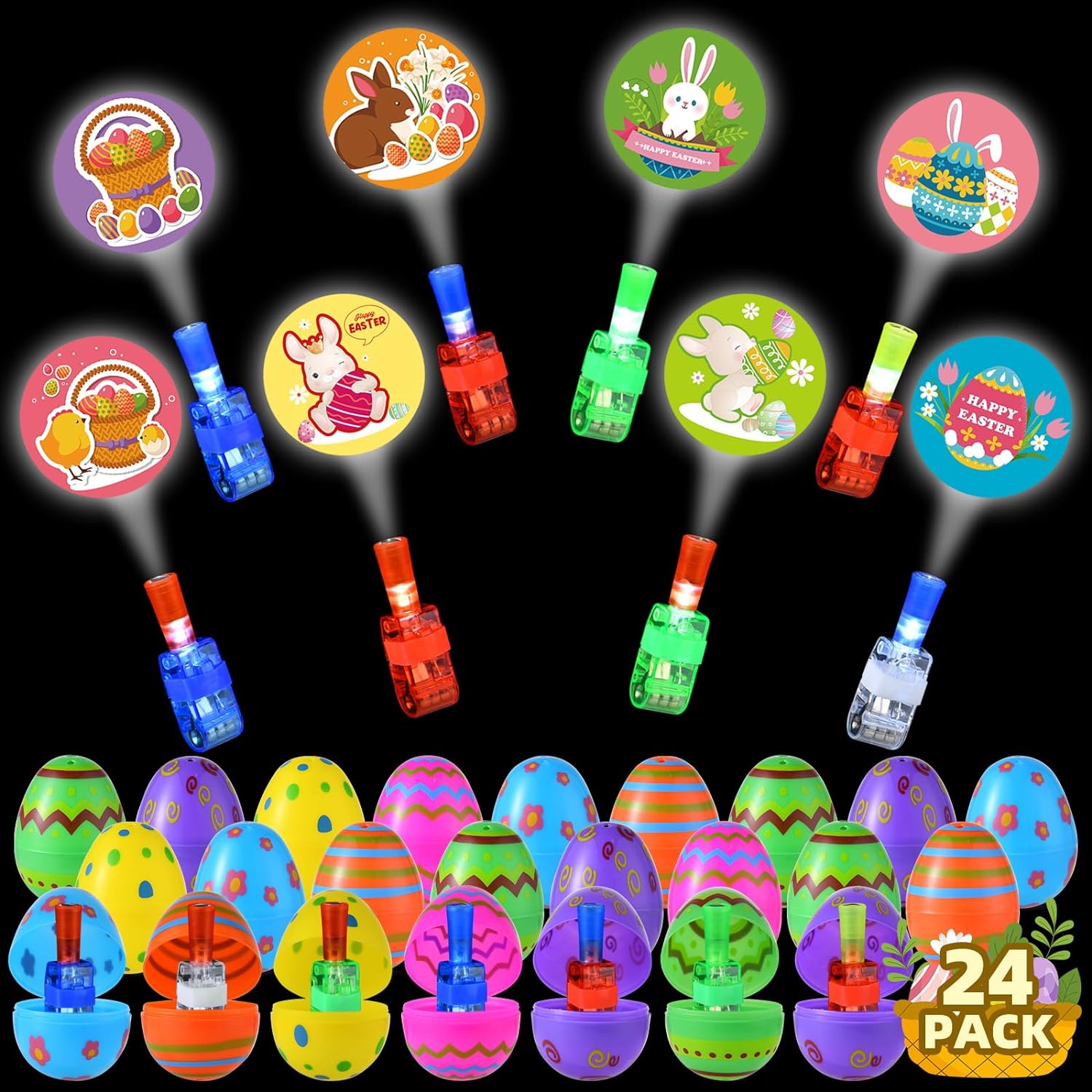 EFLSJIO 24 Pack Prefilled Easter Eggs LED Light Up Finger Lights, Easter Basket Stuffers Toy for Boys Girls Kids, Easter Egg Hunt, Easter Eggs Fillers, Classroom Prize