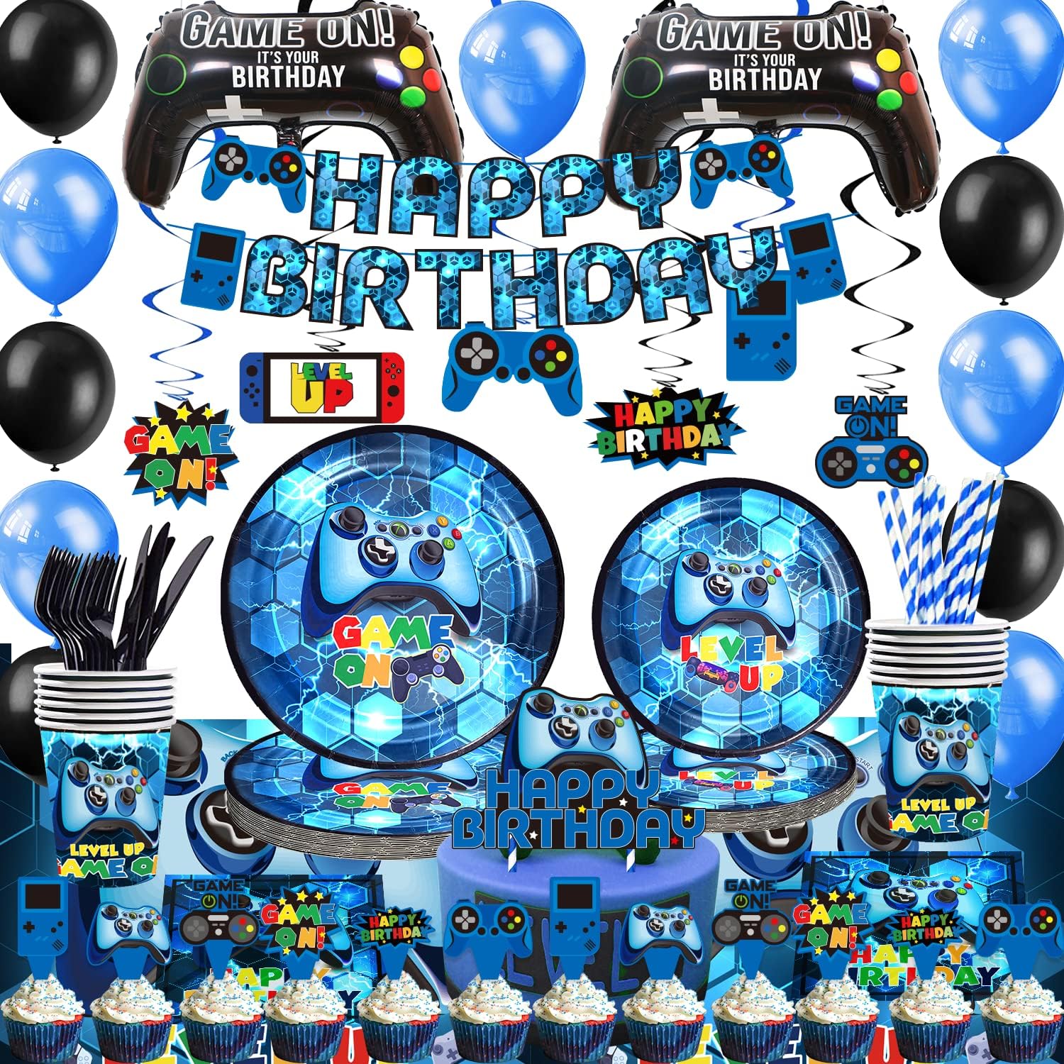 Mpanwen Blue Video Game Party Supplies – 212Pcs Gamer Gaming Party Decoration For Boys Birthday Party – Table Cover, Plates, Cups, Napkins, Utensils, Hanging Swirls, Banner, Balloons Serves 16 Guests