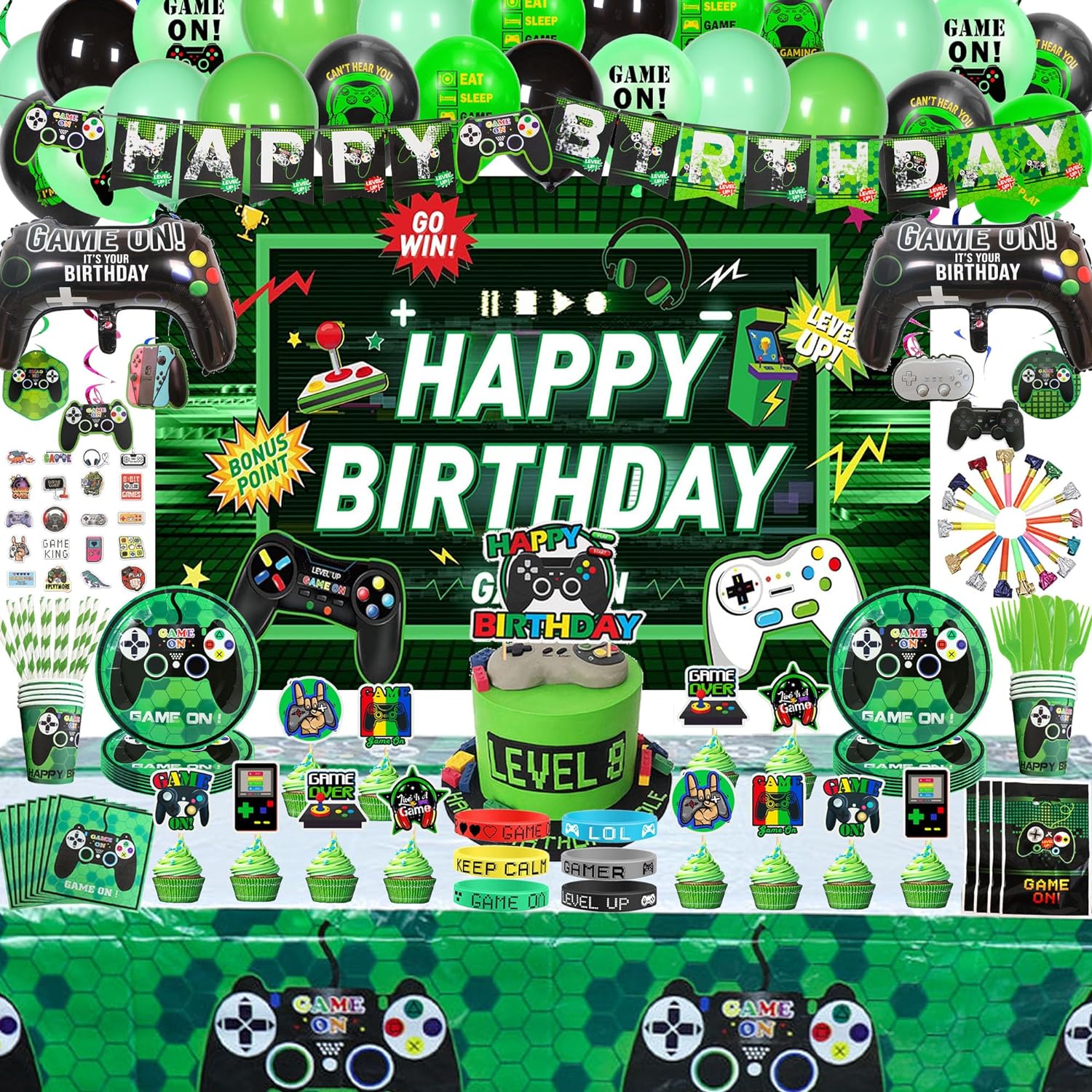 WODSMIN 254 PCS Green Video Game Party Supplies, Game Theme Decorations for Serves 10 Guests Plates, Cups, Hanging Swirls, Balloons, Banner, Cake Topper, Tablecloth and Backdrop for Birthday Party