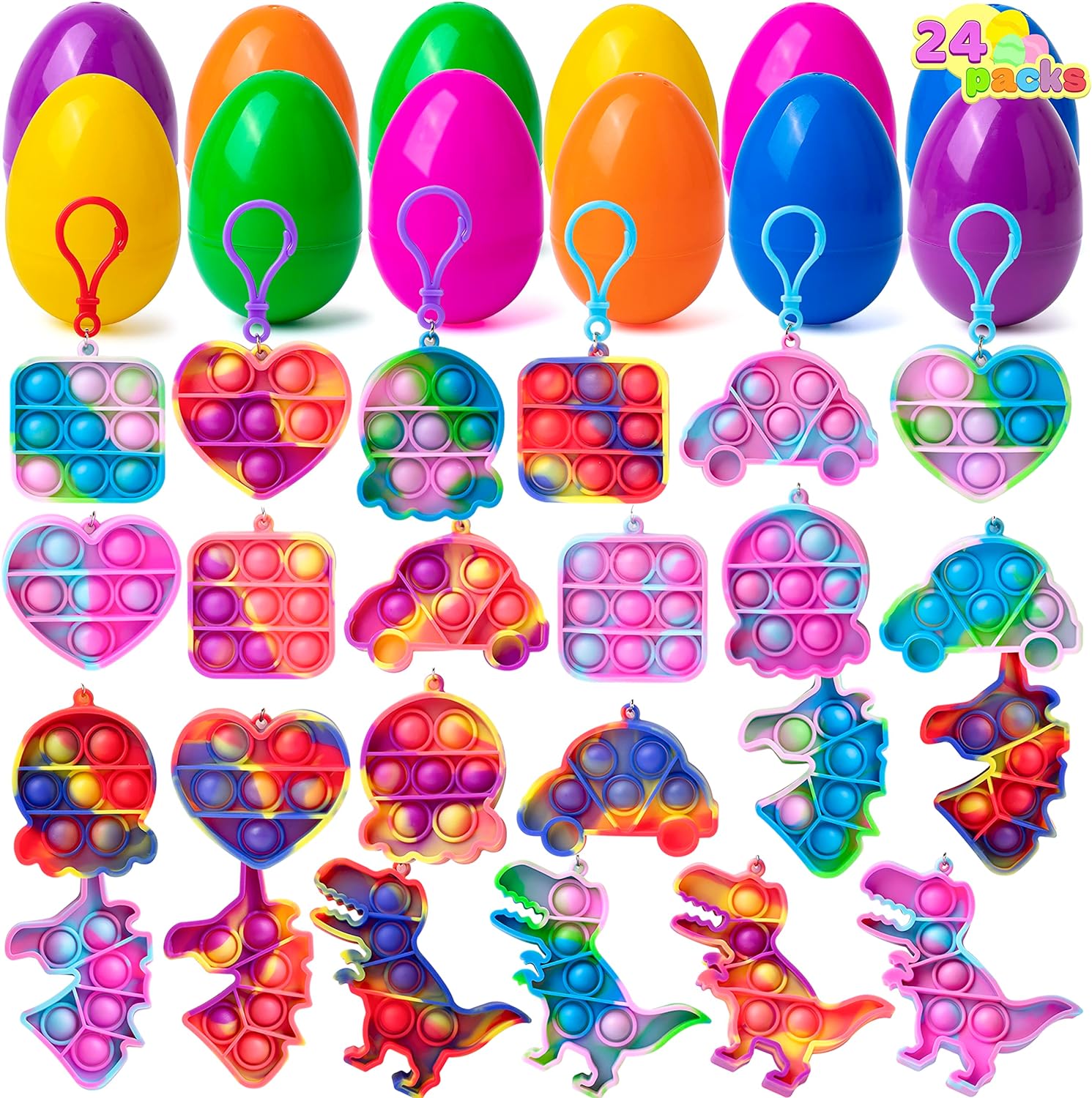 JOYIN 24 Pcs Pre Filled Easter Eggs with pop Keychain Toys for Easter Theme Party Favor, Pop Fidget Stress Relief Squeeze Bubble for Easter Eggs Hunt, Classroom Exchange and Game Prize Supplies