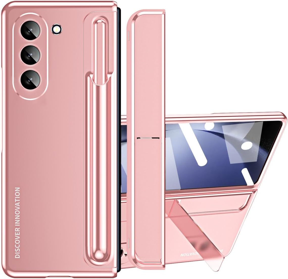 Mobile cover, Elegant Luxury Case Compatible with Samsung Galaxy Z Fold 5 Cover with One-Piece Plating Housing with Kickstand and Screen Protector with S-Pen, Anti-Scratches Case ( Color : Pink )