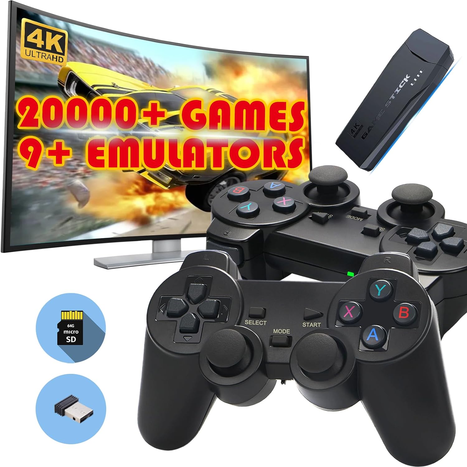 Youngwants Retro Game Console with 20000 Games,Plug & Play Video Game Stick 9 Emulators Classic Games,4K HDMI Output for TV,Dual Controllers Birthday Gifts for Boys & Girls 64G