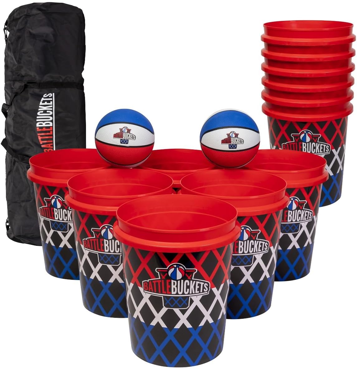 Battle Buckets Giant Yard Pong X Basket Ball Game with Durable Balls and Buckets – Outdoor Game for Lawn, Backyard and Beach – Set includes Buckets, Basket Balls and a Carrying Bag