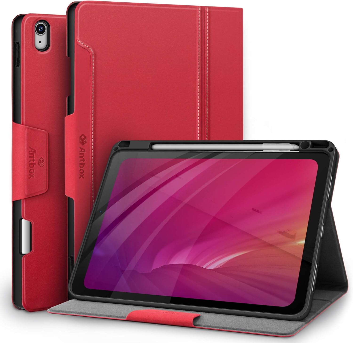 Antbox Case for 2024 iPad Air 11” Case/iPad Air 5th/4th Generation 10.9” Vegan Leather with Pencil Holder Typing Angle Auto Sleep/Wake Muti-Stand iPad Air 6th/5th/4th Case (Red)